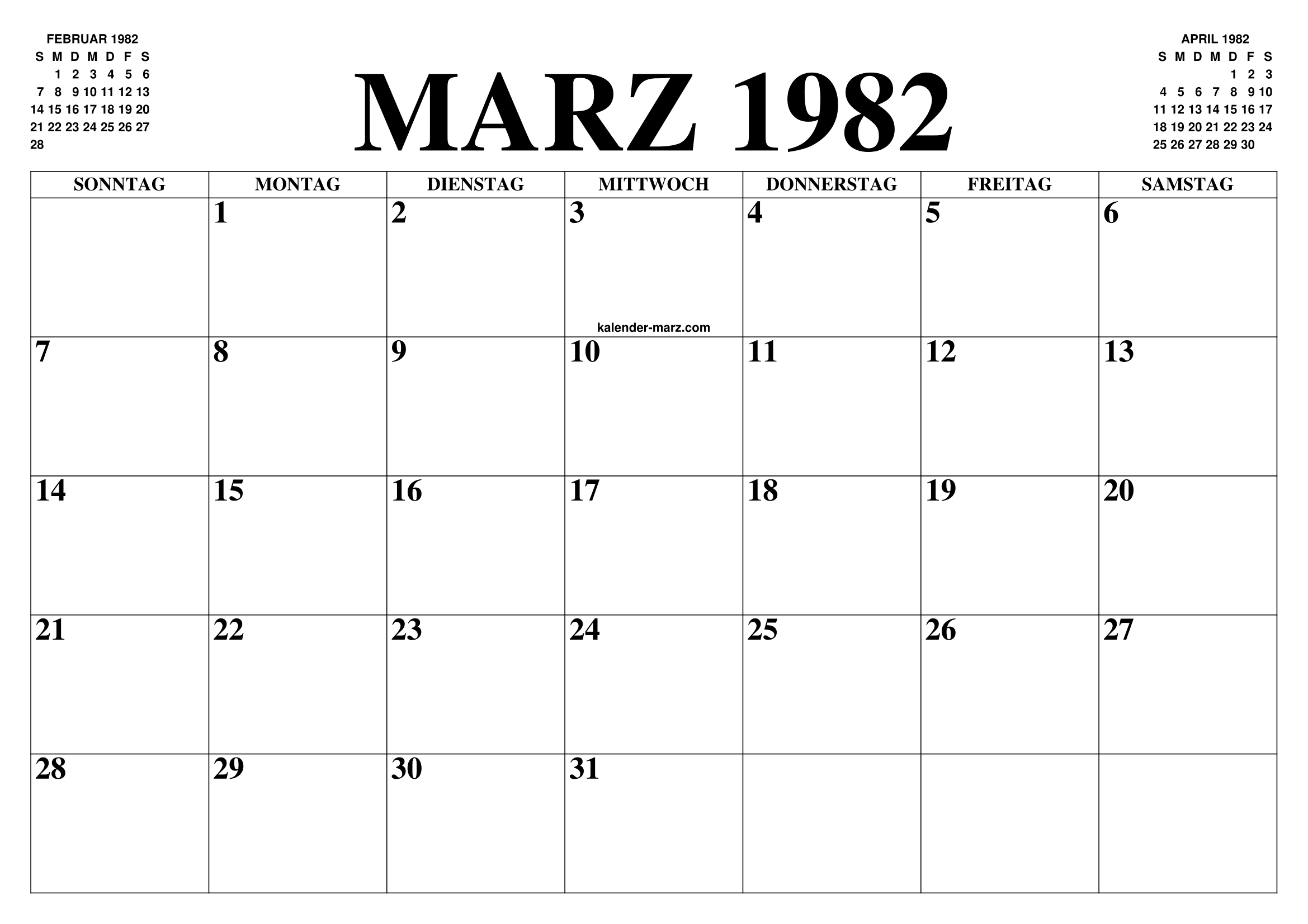 KALENDER MARZ 1982 MARZ KALENDER ZUM AUSDRUCKEN GRATIS MONAT UND JAHR