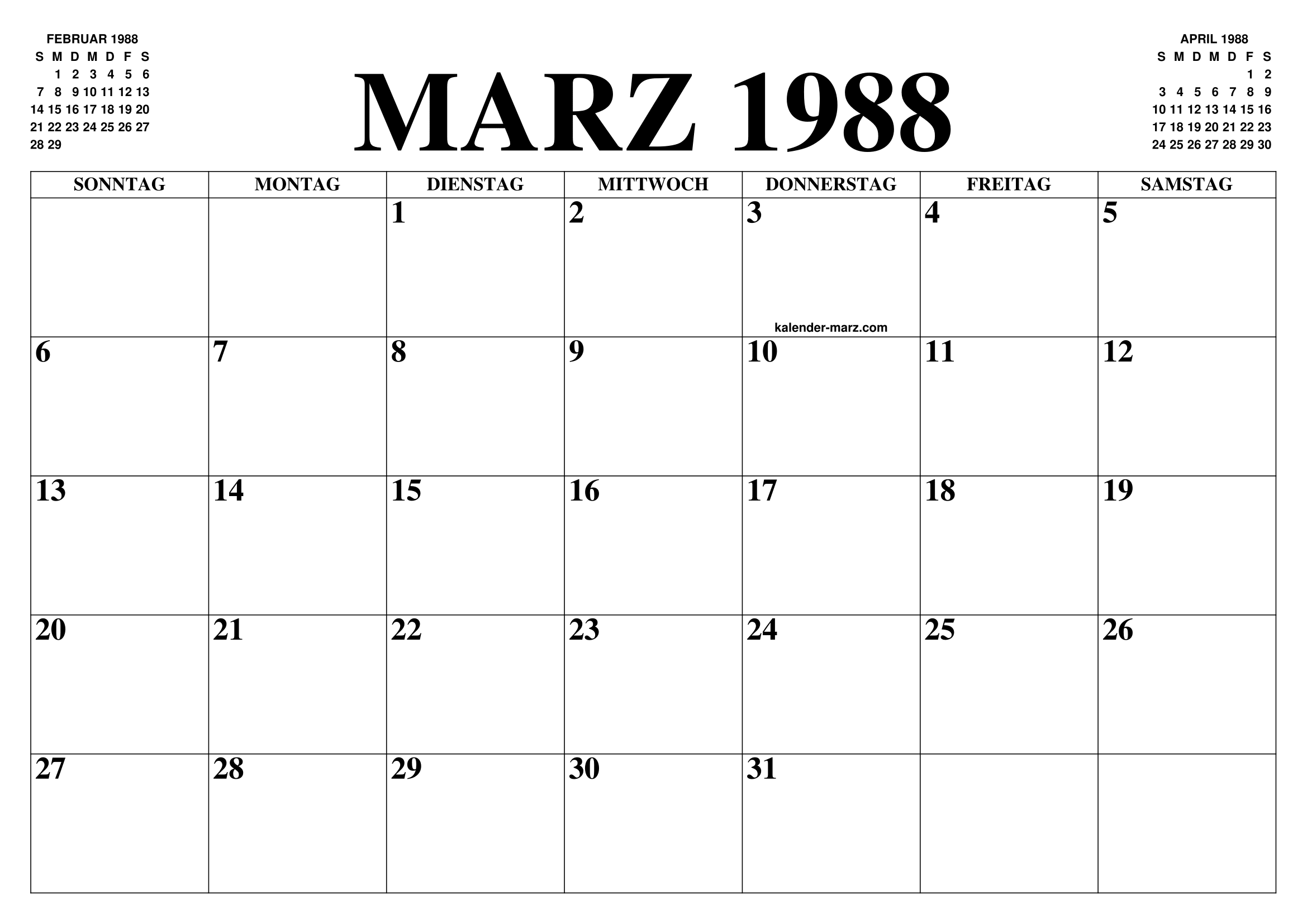 KALENDER MARZ 1988 : MARZ KALENDER ZUM AUSDRUCKEN GRATIS MONAT UND JAHR AGENDA